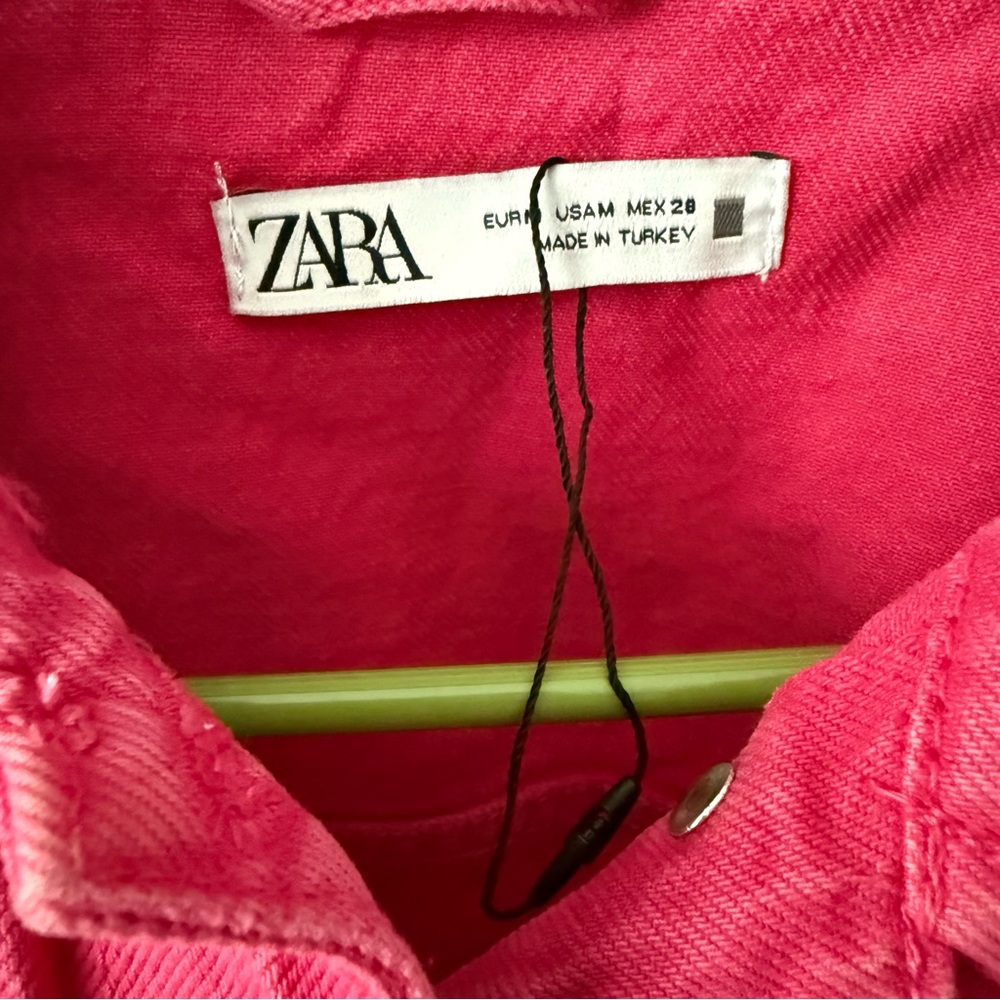 Zara Cropped Pink Denim Jacket Size M 100% Cotton Hot Pink Trucker - Picture 3 of 7